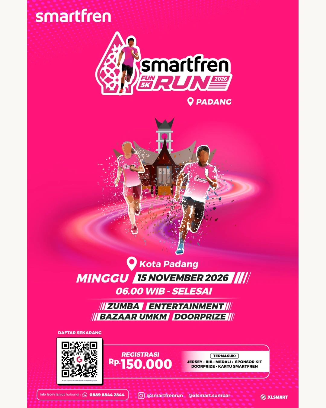 Siapa nih yang udah nungguin Smartfren FunRun hadir di Padang ? nah sekarang nggak perlu nunggu lagi karena pendaftarannya udah dibuka nih !  catat tanggalnya Minggu, 15 November 2026 di pelataran pan