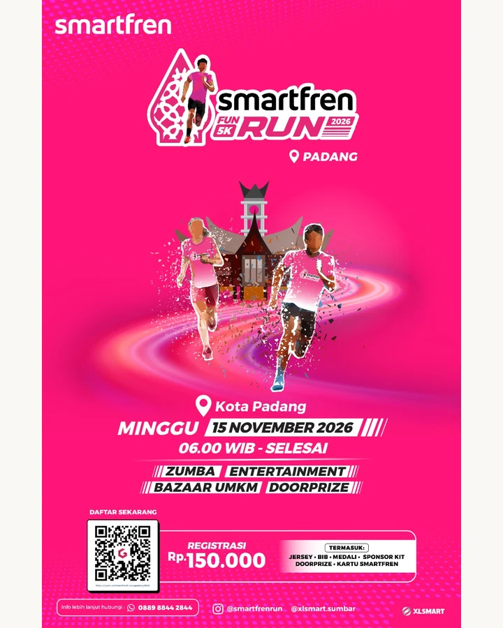 Siapa nih yang udah nungguin Smartfren FunRun hadir di Padang ? nah sekarang nggak perlu nunggu lagi karena pendaftarannya udah dibuka nih !  catat tanggalnya Minggu, 15 November 2026 di pelataran pan